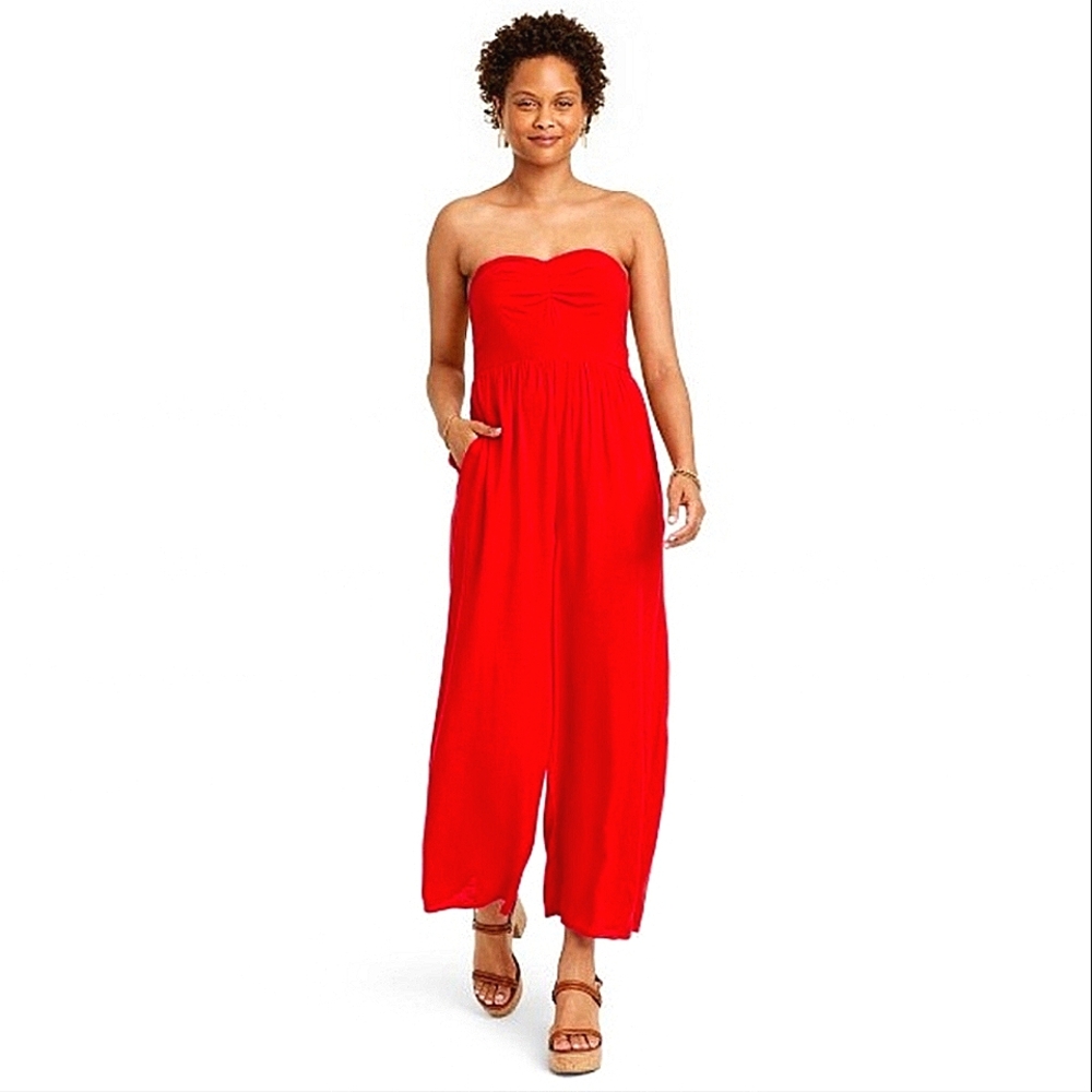 Knox Rose Red Halter Or Strapless Jumpsuit with Wide-Leg Silhouette